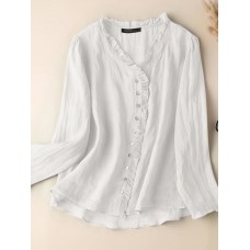 Solid Ruffle Trim V  neck Button Front Long Sleeve Blouse