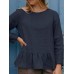 Solid Ruffle Hem Long Sleeve Crew Neck Blouse