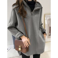 Hooded Simple Casual Solid Color Slit Hem Pocket Zipper Sweatshirts for Women