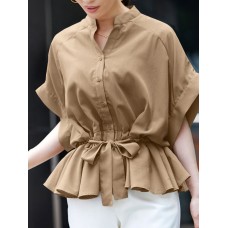 Solid Drawstring Button Short Sleeve Casual Shirt