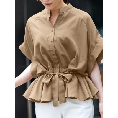 Solid Drawstring Button Short Sleeve Casual Shirt