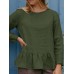 Solid Ruffle Hem Long Sleeve Crew Neck Blouse