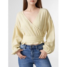 Solid Tie Drop Shoulder Wrap V  neck Long Sleeve Blouse