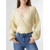 Solid Tie Drop Shoulder Wrap V  neck Long Sleeve Blouse