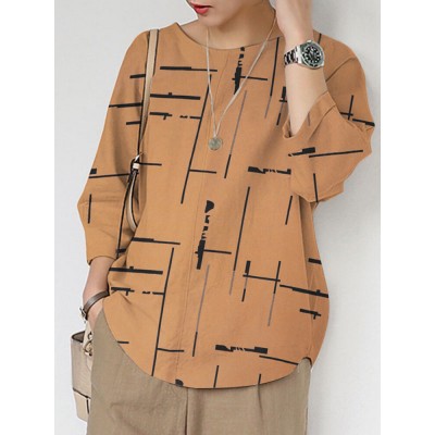 Women Geo Pattern 3 4 Sleeve Crew Neck Blouse