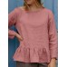 Solid Ruffle Hem Long Sleeve Crew Neck Blouse