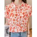 Allover Leaves Print Pocket Button Front Stand Collar Blouse