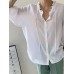 Solid Ruffle Trim V  neck Tie Lantern Sleeve Blouse