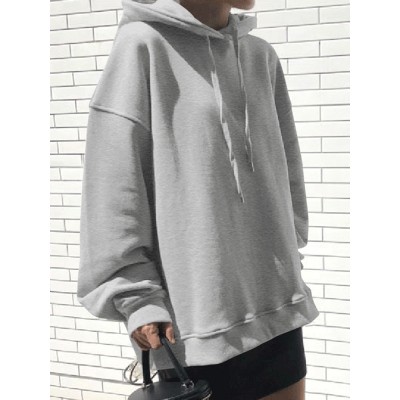 Women Solid Color O  Neck Long Sleeve Narrow Cuff Casual Hooded Sweatshirt