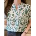 Allover Leaves Print Pocket Button Front Stand Collar Blouse