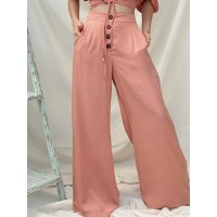 Women Casual High Rise Loose Fit Wide Leg Solid Pants with Side Pockets