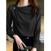 Women Solid Satin Fold Pleated Long Sleeve Blouse