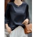 Solid Satin 3 4 Sleeve Crew Neck Casual Blouse