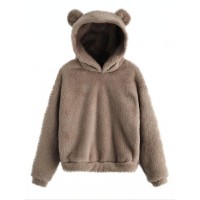 Women Fluffy Rabbits Ears Solid Cartoon Cute Hooded Patchwork Long Sleeve Casual Sweatshirt