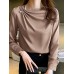 Women Solid Satin Fold Pleated Long Sleeve Blouse