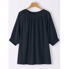 Solid Shirred Half Sleeve Crew Neck Loose Blouse