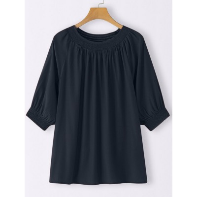 Solid Shirred Half Sleeve Crew Neck Loose Blouse