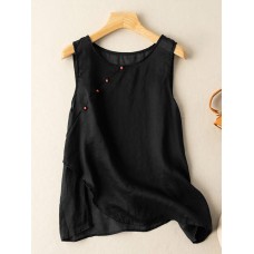 Contrast Button Slit Hem Sleeveless Crew Neck Tank Top