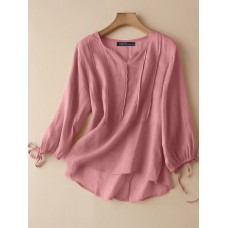 Solid Tie  up At Cuffs 3 4 Sleeve V  neck Blouse