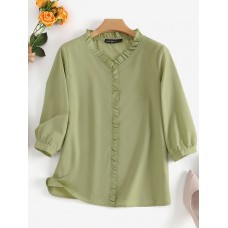 Solid Ruffle Trim V  neck 3 4 Sleeve Casual Blouse