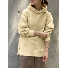 Women Korean Style Zipper Split Hem Commute Solid Hoodie