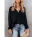 Solid Satin Long Sleeve Tie Front V  neck Blouse