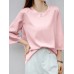 Solid Satin 3 4 Sleeve Crew Neck Casual Blouse