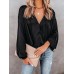 Solid Satin Long Sleeve Tie Front V  neck Blouse