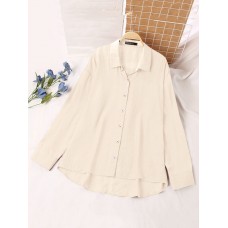 Women Solid High  low Button Front Lapel Long Sleeve Shirt