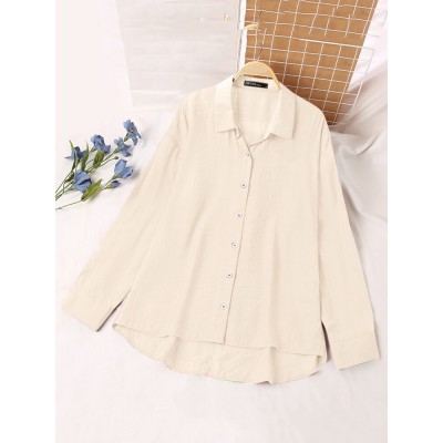 Women Solid High  low Button Front Lapel Long Sleeve Shirt