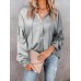 Solid Satin Long Sleeve Tie Front V  neck Blouse