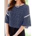 Contrast Check Print Half Sleeve Crew Neck Chiffon Blouse