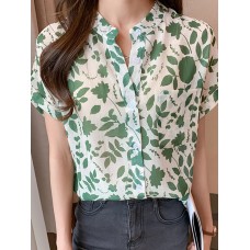 Allover Leaves Print Pocket Button Front Stand Collar Blouse